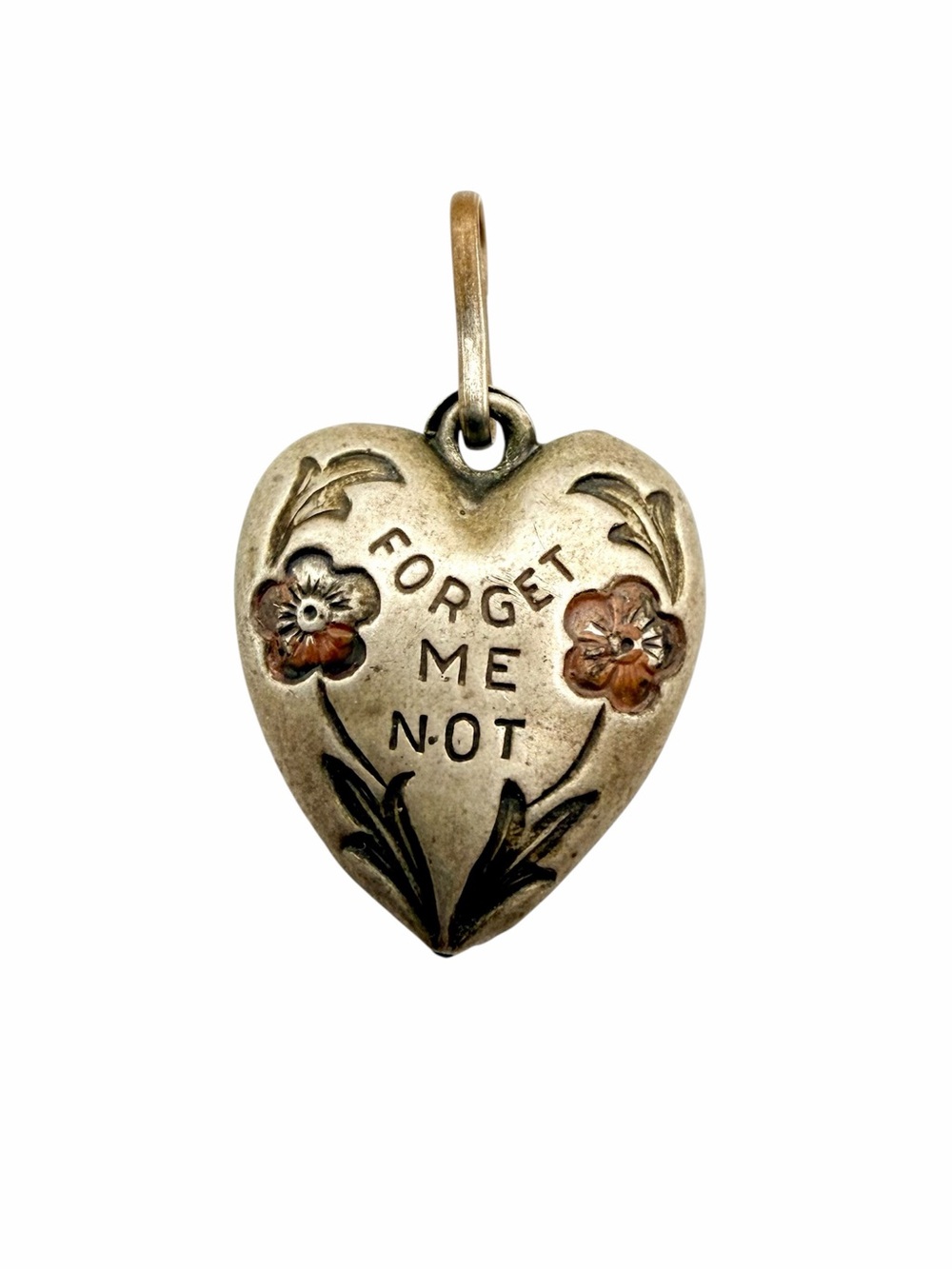Vintage 1940s WWII Sweetheart repousse Puffy Heart Forget Me Not Pendant